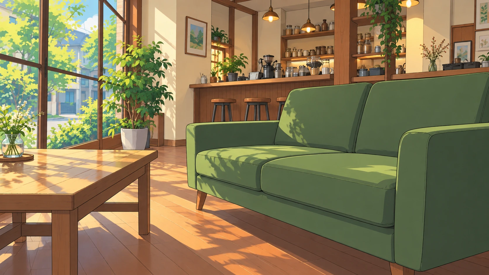 輪郭線と色面を整理したアニメ風のソファ背景