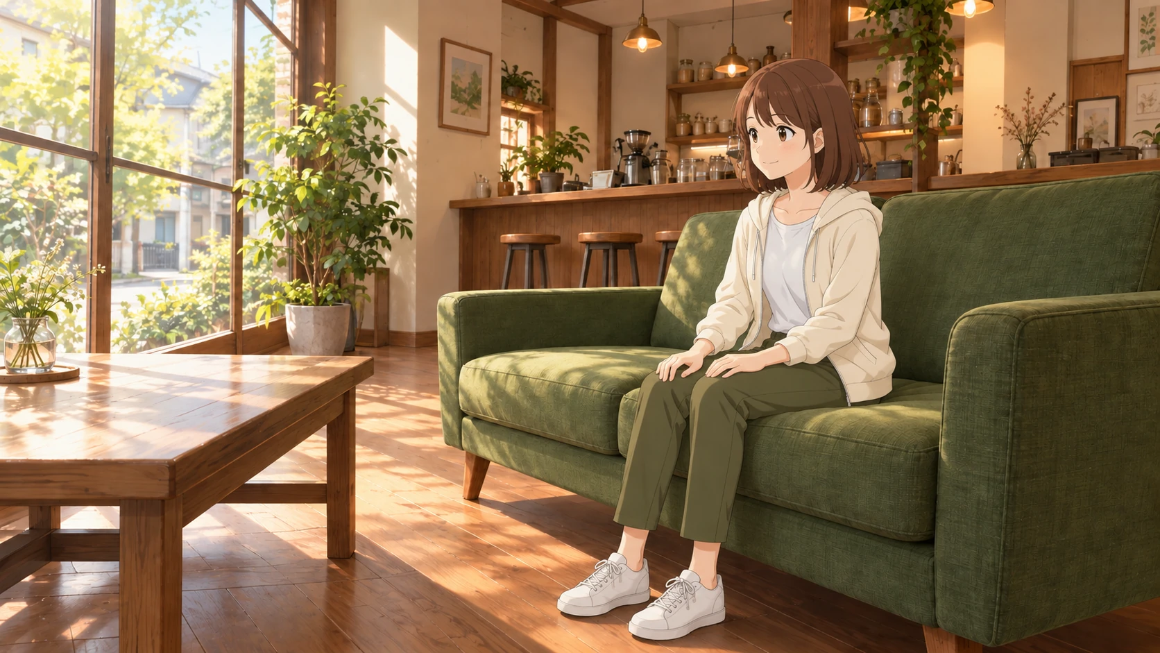 画風修正前のソファに座る桜井ひより
